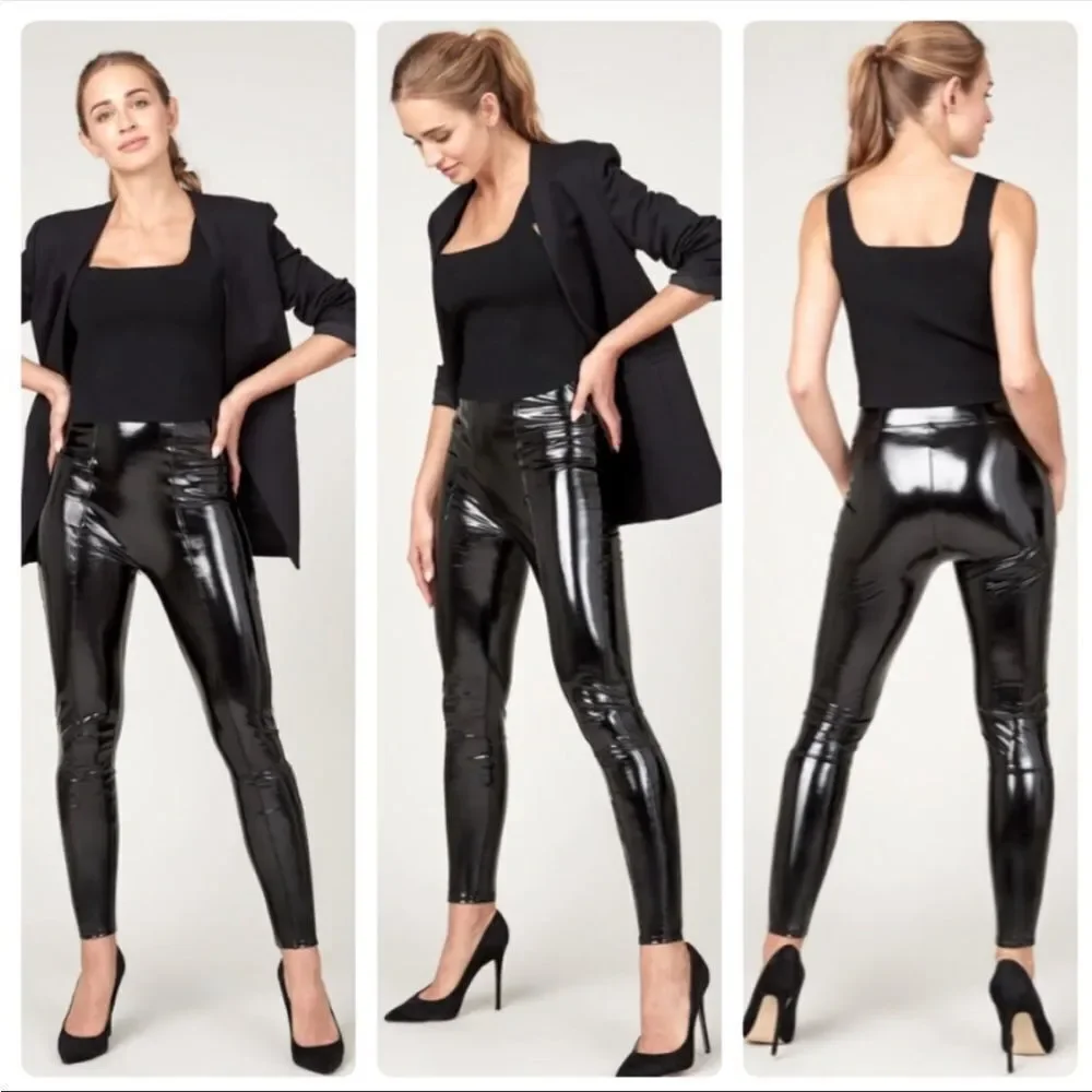 SPANX | Faux Patent Leather Body Shaping Black Leggings Women’s Size Medium & 1X - Picture 3 of 16